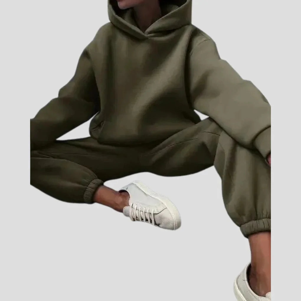 Army Green Women's Hoodie Jogger Set with Drawstring Hood & Side Pockets