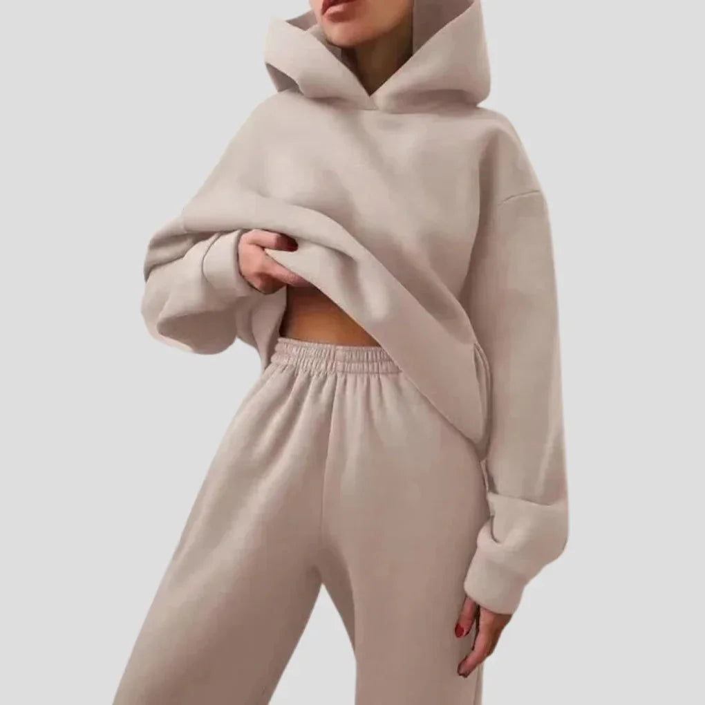 Beige Women's Hoodie Jogger Set with Drawstring Hood & Side Pockets