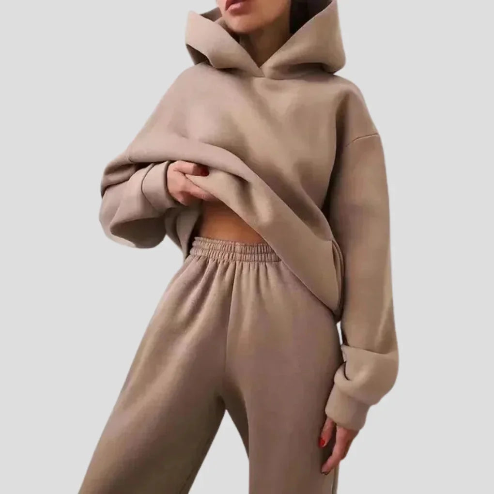 Khaki Women's Hoodie Jogger Set with Drawstring Hood & Side Pockets