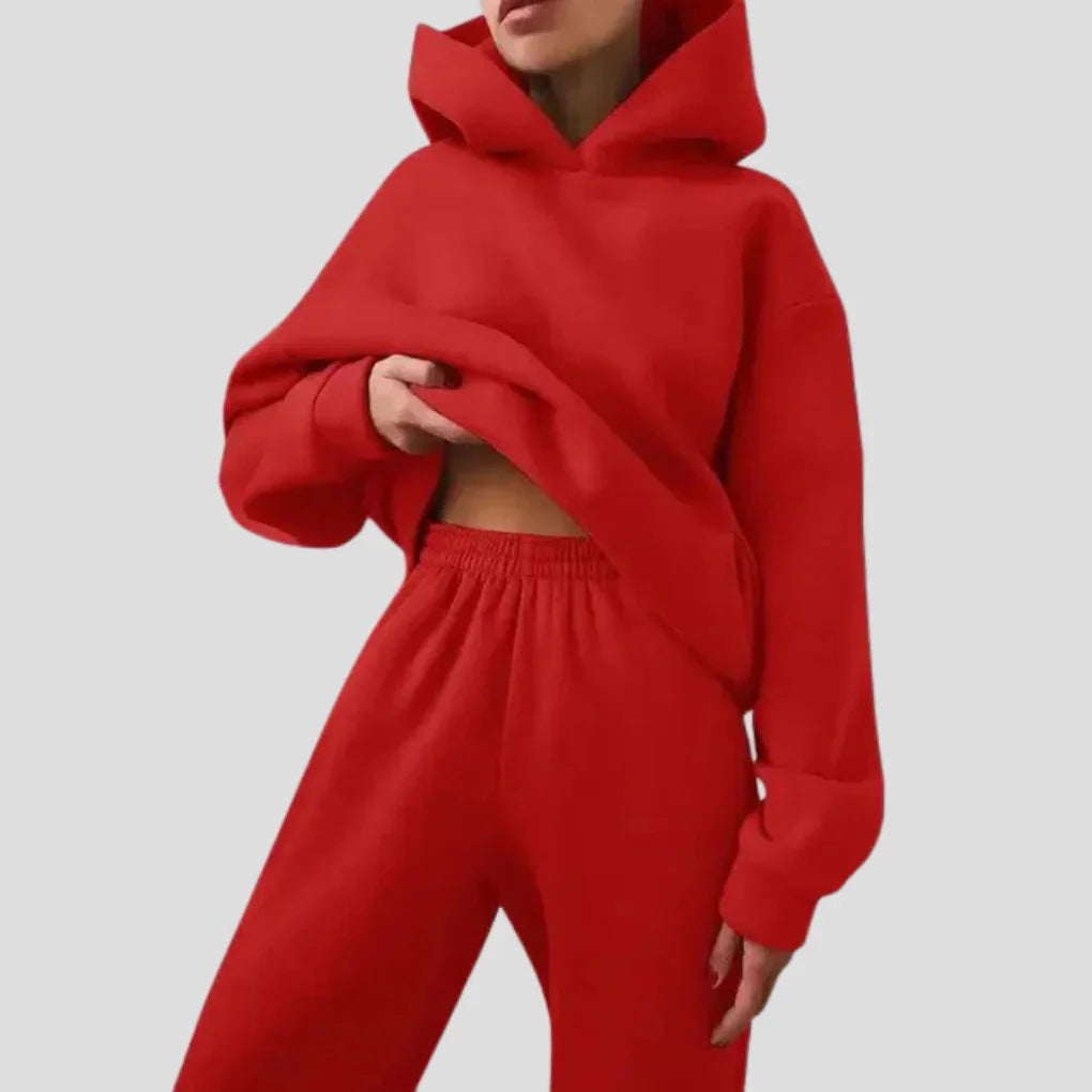 Red Women's Hoodie Jogger Set with Drawstring Hood & Side Pockets