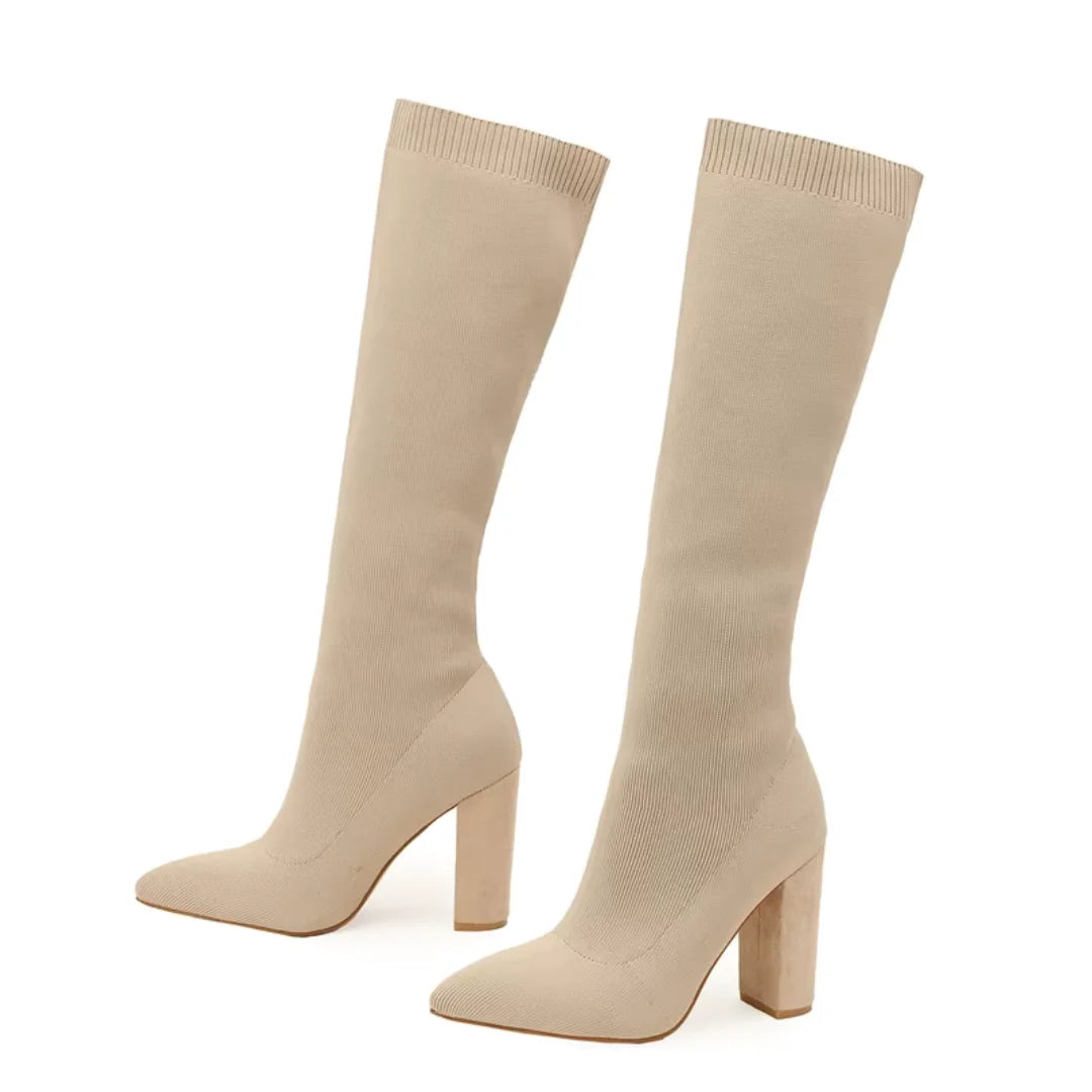 Apricot Women's Knee High Boots with Pointed Toe & Ribbed Knit Cuff — Hattie - Studio White Pair