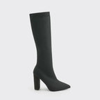 Black Women's Knee High Boots with Pointed Toe & Ribbed Knit Cuff — Hattie - Studio Side Single