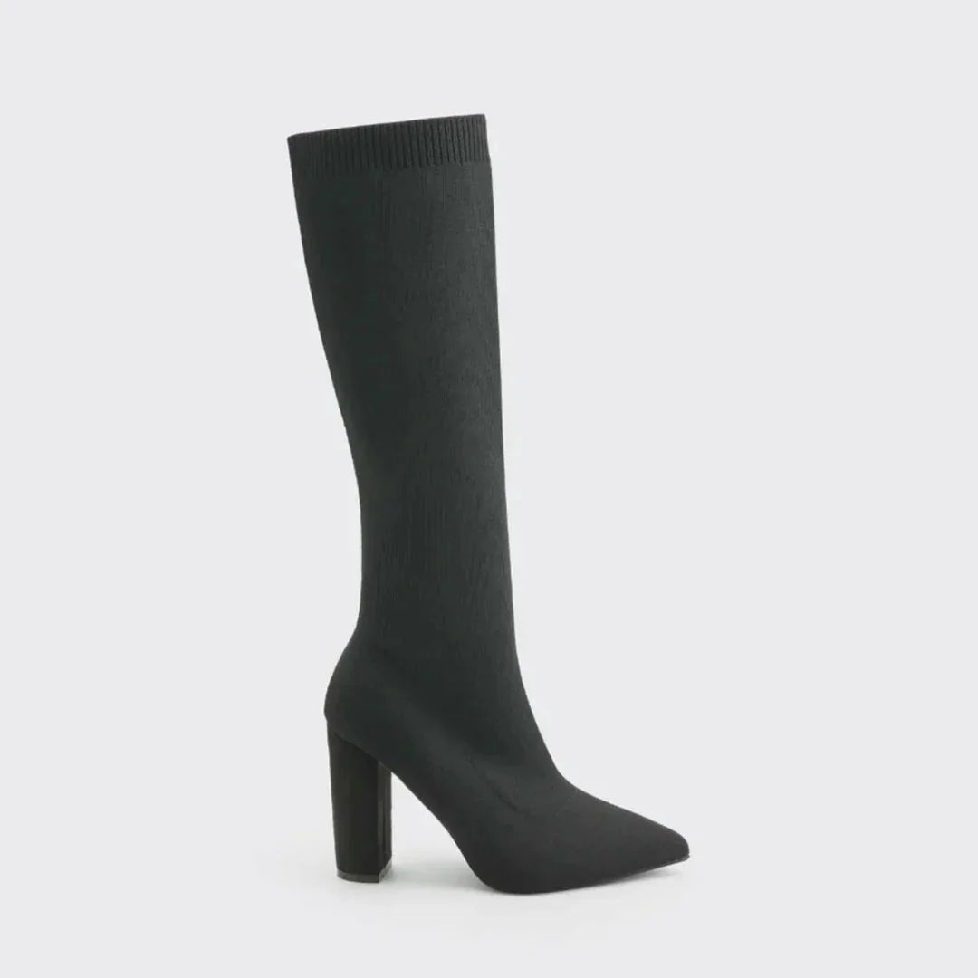 Black Women's Knee High Boots with Pointed Toe & Ribbed Knit Cuff — Hattie - Studio Side Single