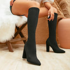Black Women's Knee High Boots with Pointed Toe & Ribbed Knit Cuff — Hattie - Worn Lifestyle Seated