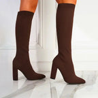 Brown Women's Knee High Boots with Pointed Toe & Ribbed Knit Cuff — Hattie - Model Walking