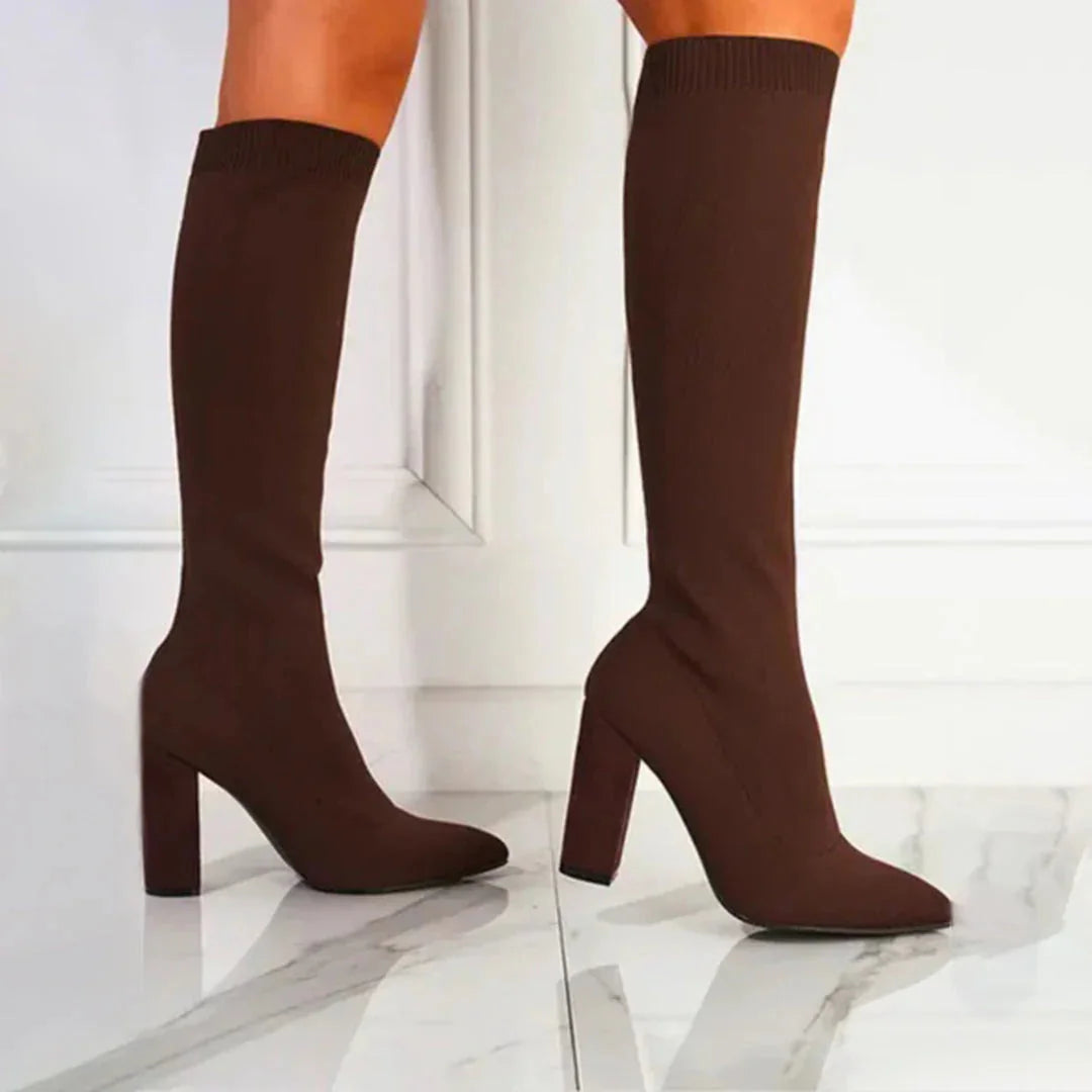Brown Women's Knee High Boots with Pointed Toe & Ribbed Knit Cuff — Hattie - Model Walking