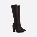 Brown Women's Knee High Boots with Pointed Toe & Ribbed Knit Cuff — Hattie - Studio Angled Pair