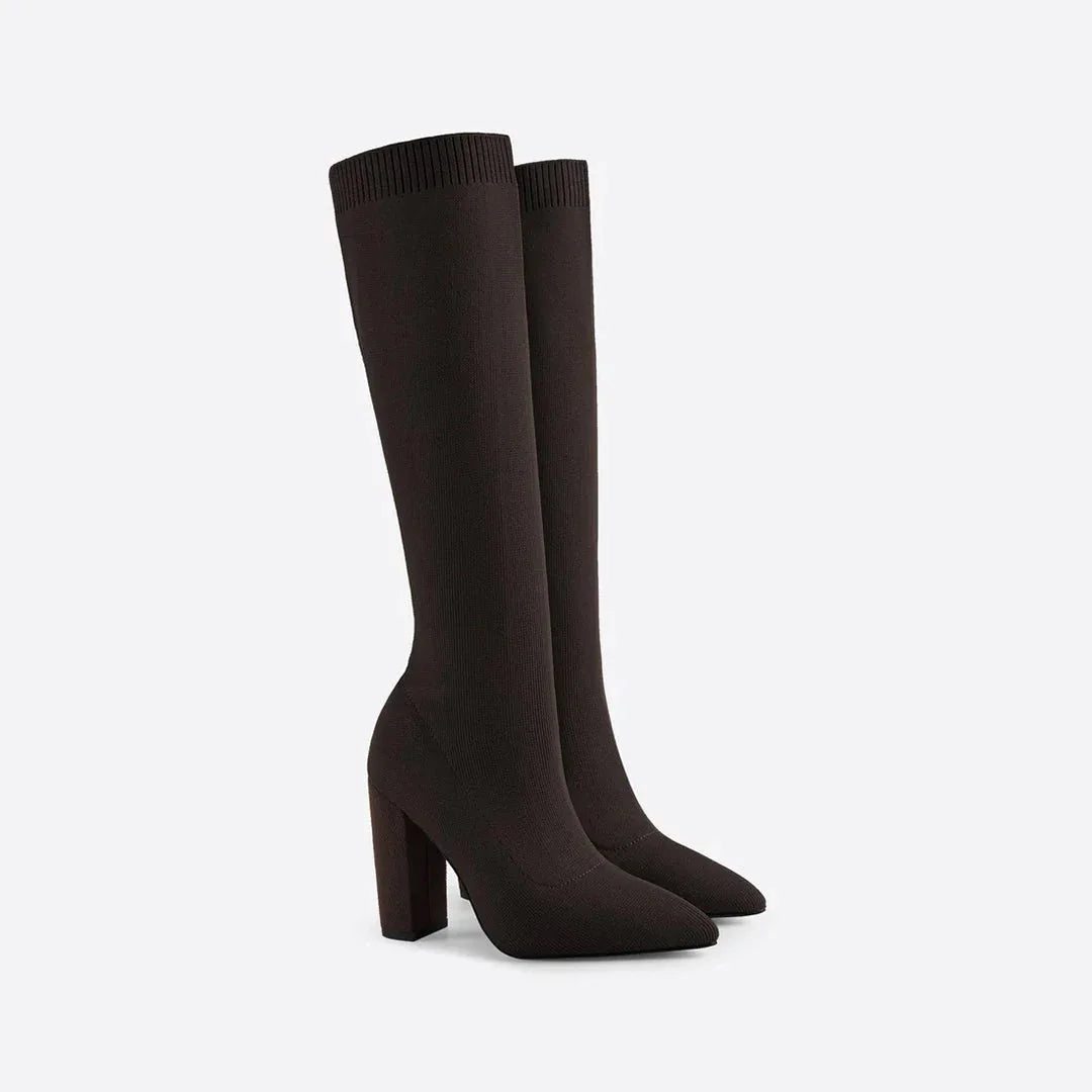 Brown Women's Knee High Boots with Pointed Toe & Ribbed Knit Cuff — Hattie - Studio Angled Pair