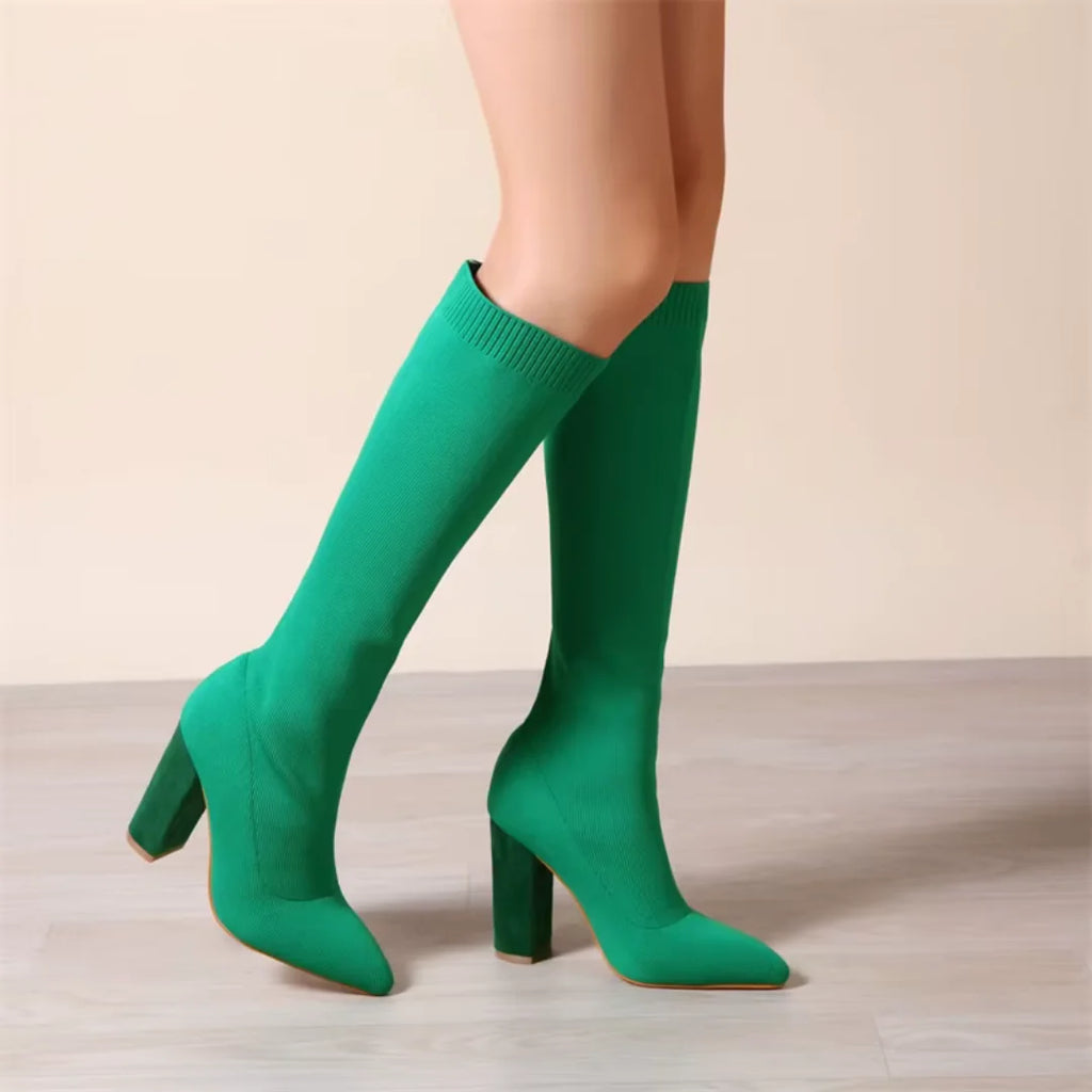 Green Women's Knee High Boots with Pointed Toe & Ribbed Knit Cuff — Hattie - Model Walking Side