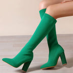 Green Women's Knee High Boots with Pointed Toe & Ribbed Knit Cuff — Hattie - Seated Pose