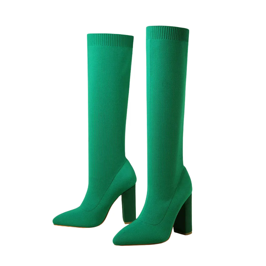 Green Women's Knee High Boots with Pointed Toe & Ribbed Knit Cuff — Hattie - Studio Front Pair