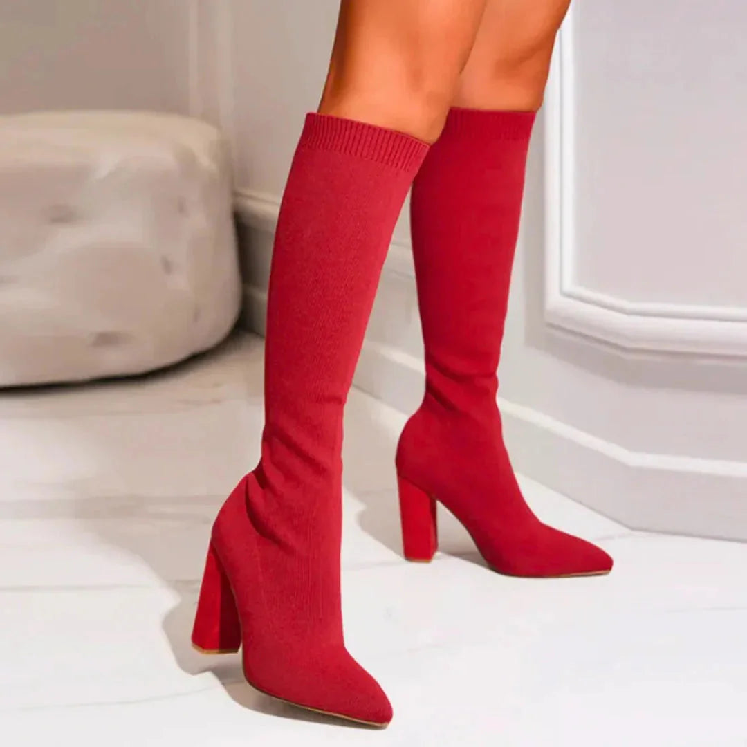 Red Women's Knee High Boots with Pointed Toe & Ribbed Knit Cuff — Hattie - Side Pose Worn