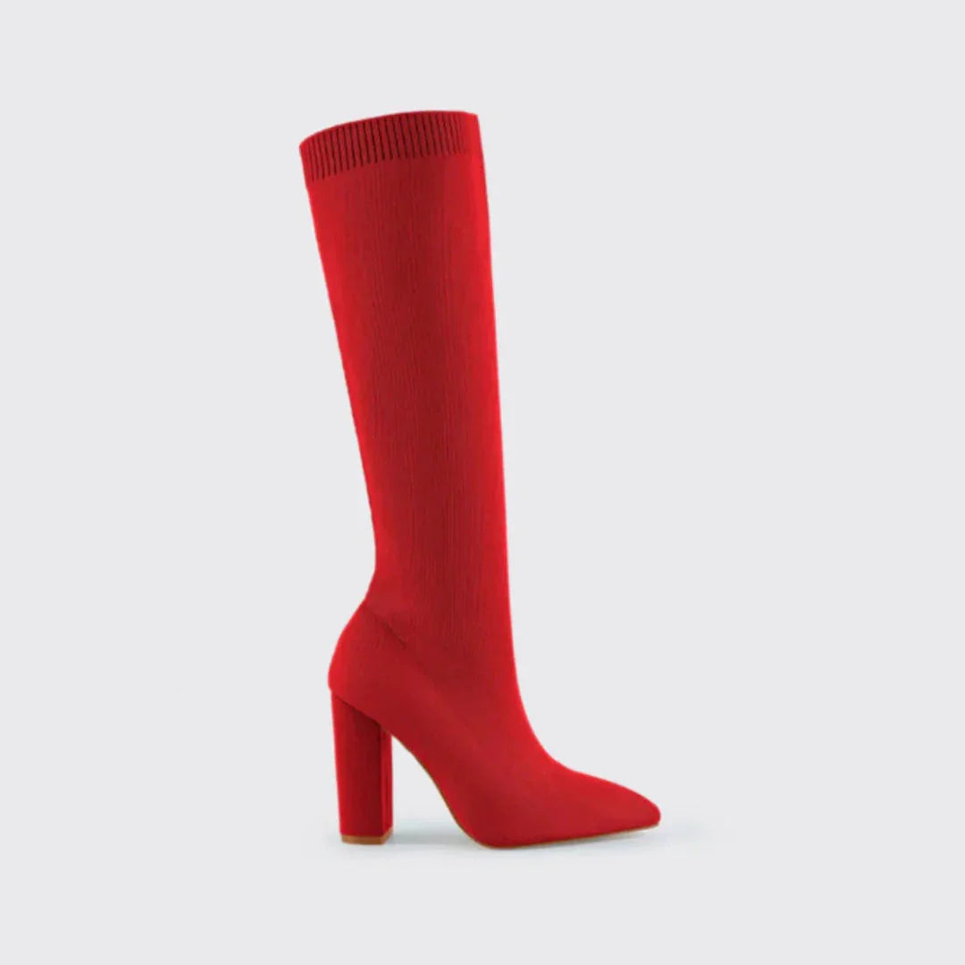 Red Women's Knee High Boots with Pointed Toe & Ribbed Knit Cuff — Hattie - Studio Side Single
