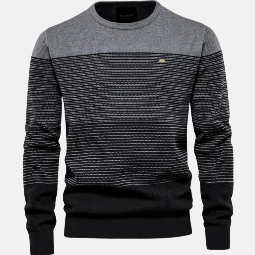 Gray Men's Striped Knit Sweater with Color-Block Ribbed Trim — Alfie
