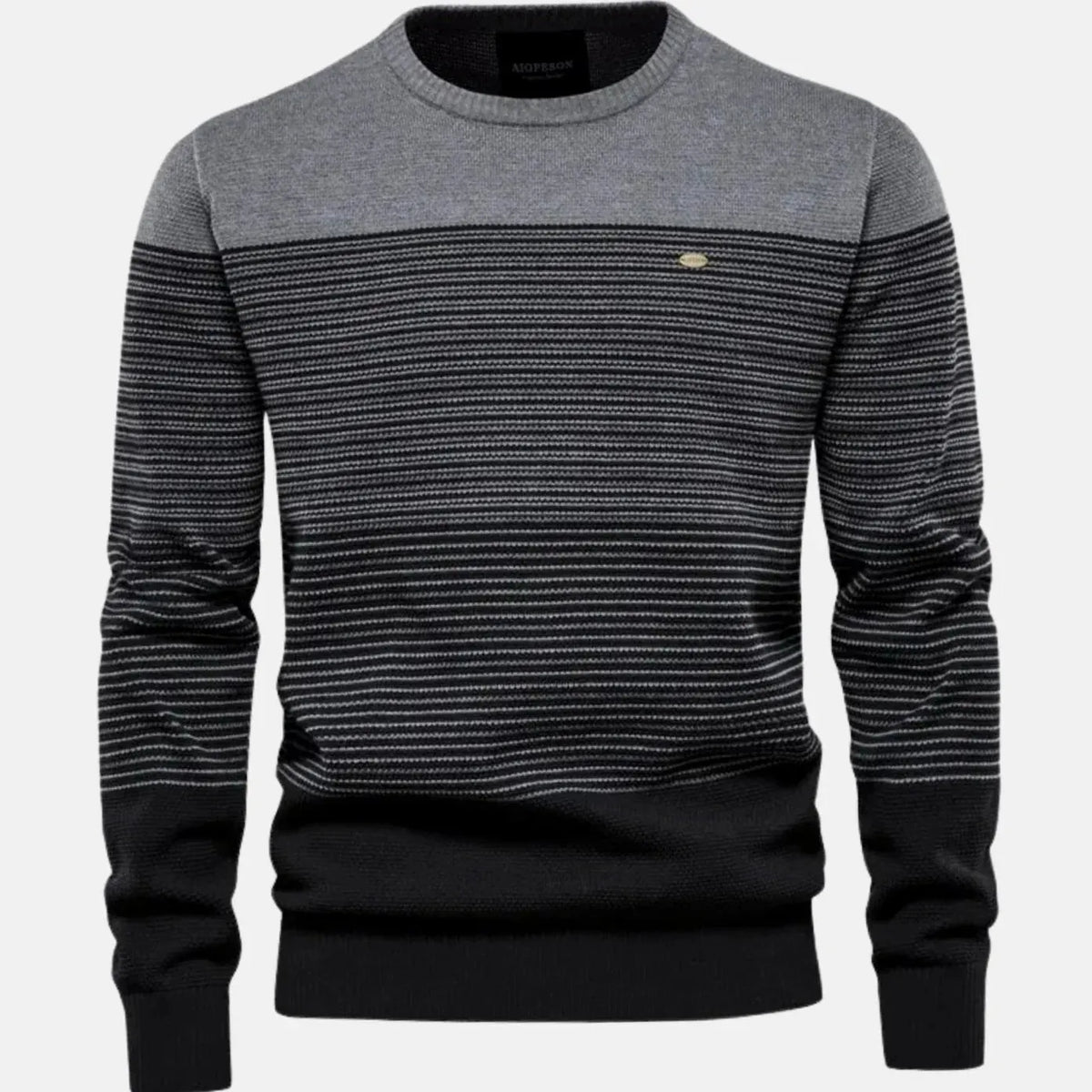 Gray Men's Striped Knit Sweater with Color-Block Ribbed Trim — Alfie