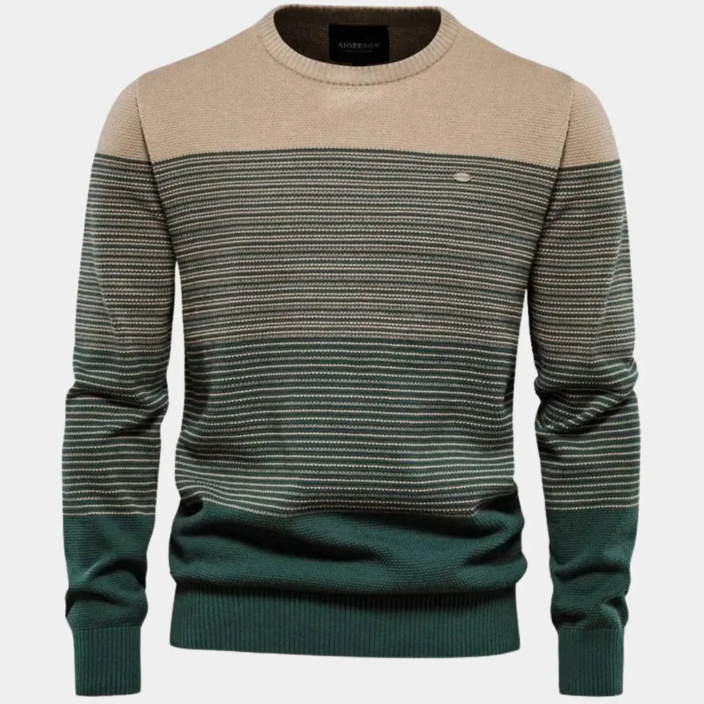 Green Men's Striped Knit Sweater with Color-Block Ribbed Trim — Alfie