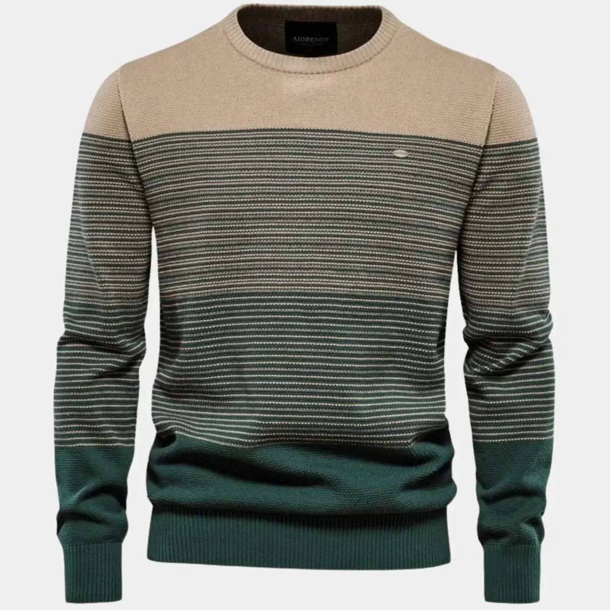 Green Men's Striped Knit Sweater with Color-Block Ribbed Trim — Alfie