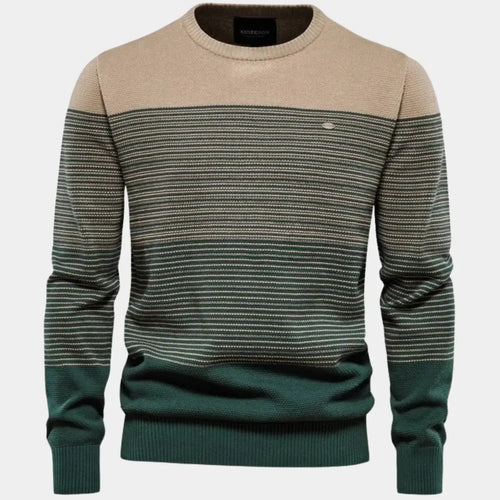 Green Men's Striped Knit Sweater with Color-Block Ribbed Trim — Alfie