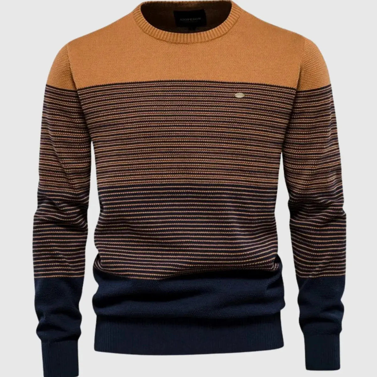 Orange Men's Striped Knit Sweater with Color-Block Ribbed Trim — Alfie