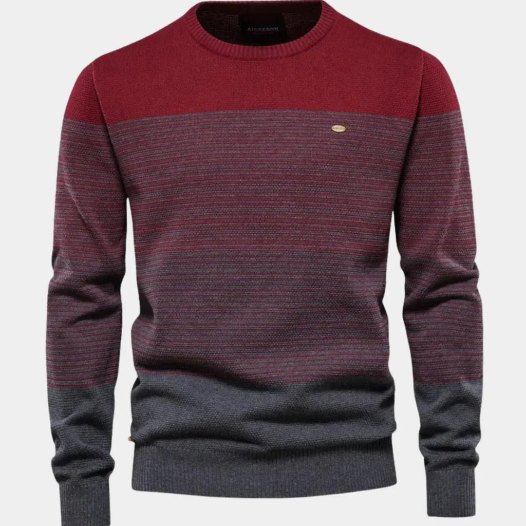 Red Men's Striped Knit Sweater with Color-Block Ribbed Trim — Alfie