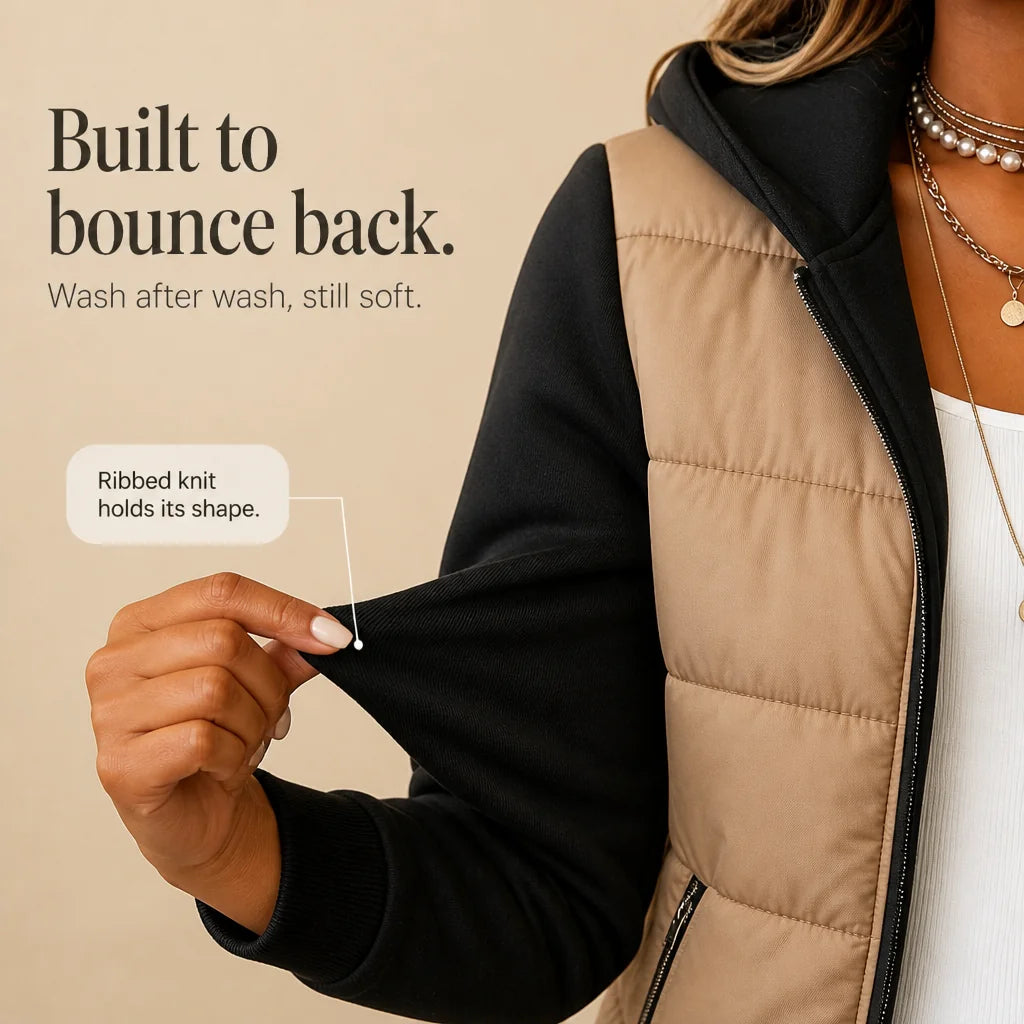 Women's Knit Sleeve Puffer Jacket with Relaxed Boxy Fit - Close Up Knit Cuff Detail