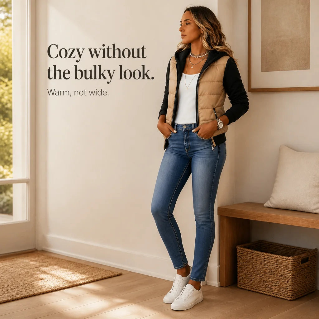 Women's Knit Sleeve Puffer Jacket with Relaxed Boxy Fit - Full Body Indoor Pose