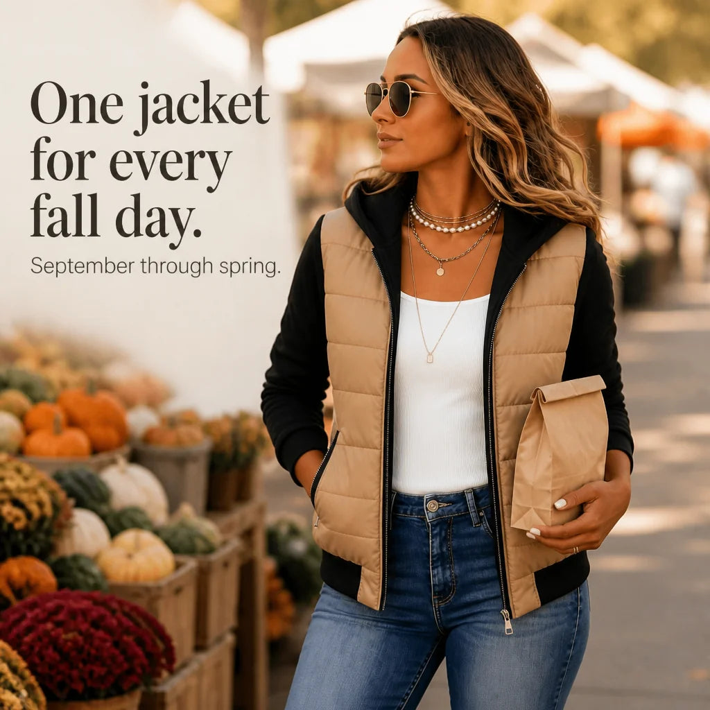 Women's Knit Sleeve Puffer Jacket with Relaxed Boxy Fit - Outdoor Market Pose