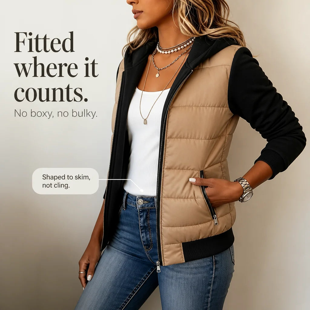 Women's Knit Sleeve Puffer Jacket with Relaxed Boxy Fit - Side Pose Fitted Detail