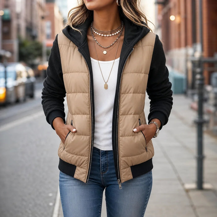 Black Women's Knit Sleeve Puffer Jacket with Relaxed Boxy Fit