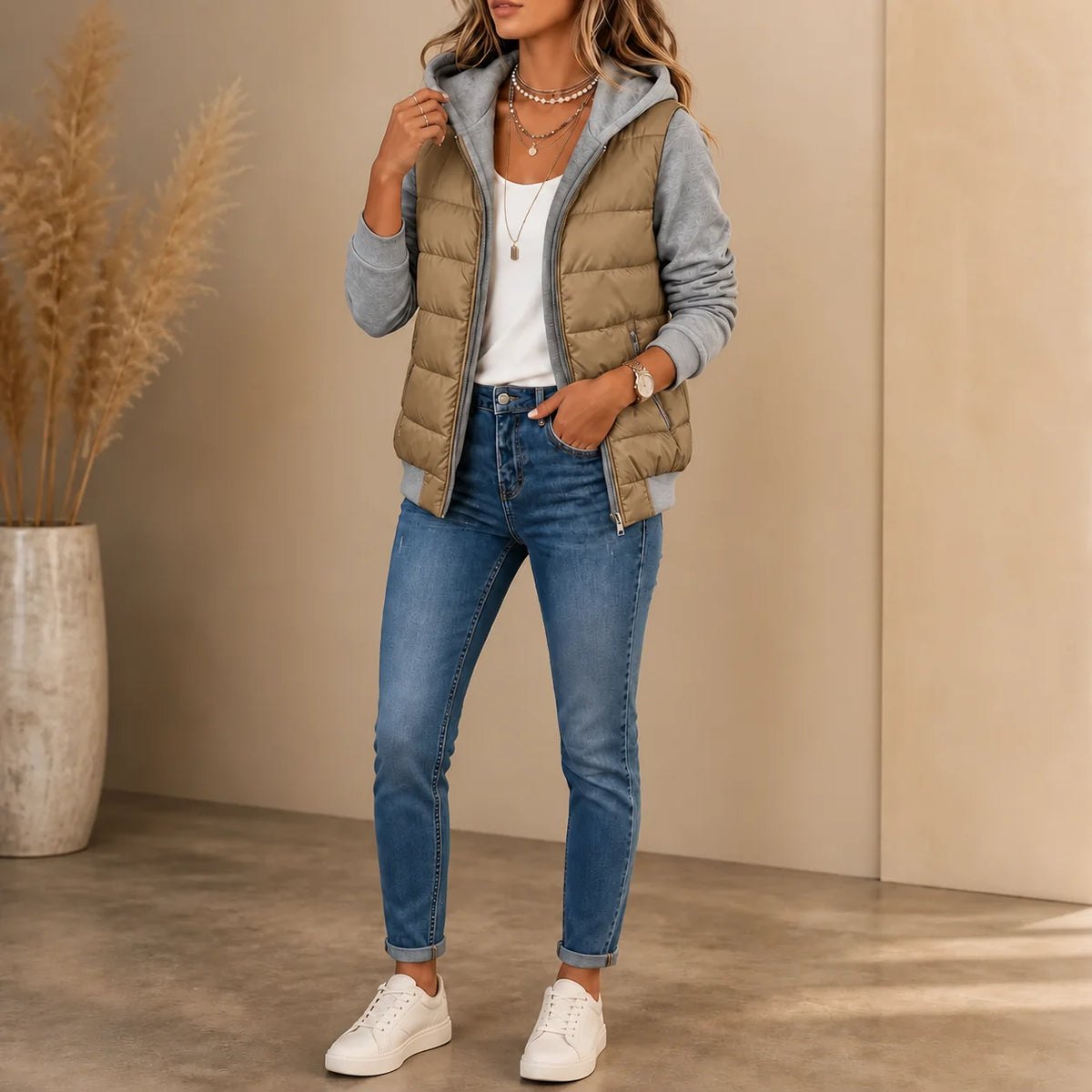 Grey Women's Knit Sleeve Puffer Jacket with Relaxed Boxy Fit