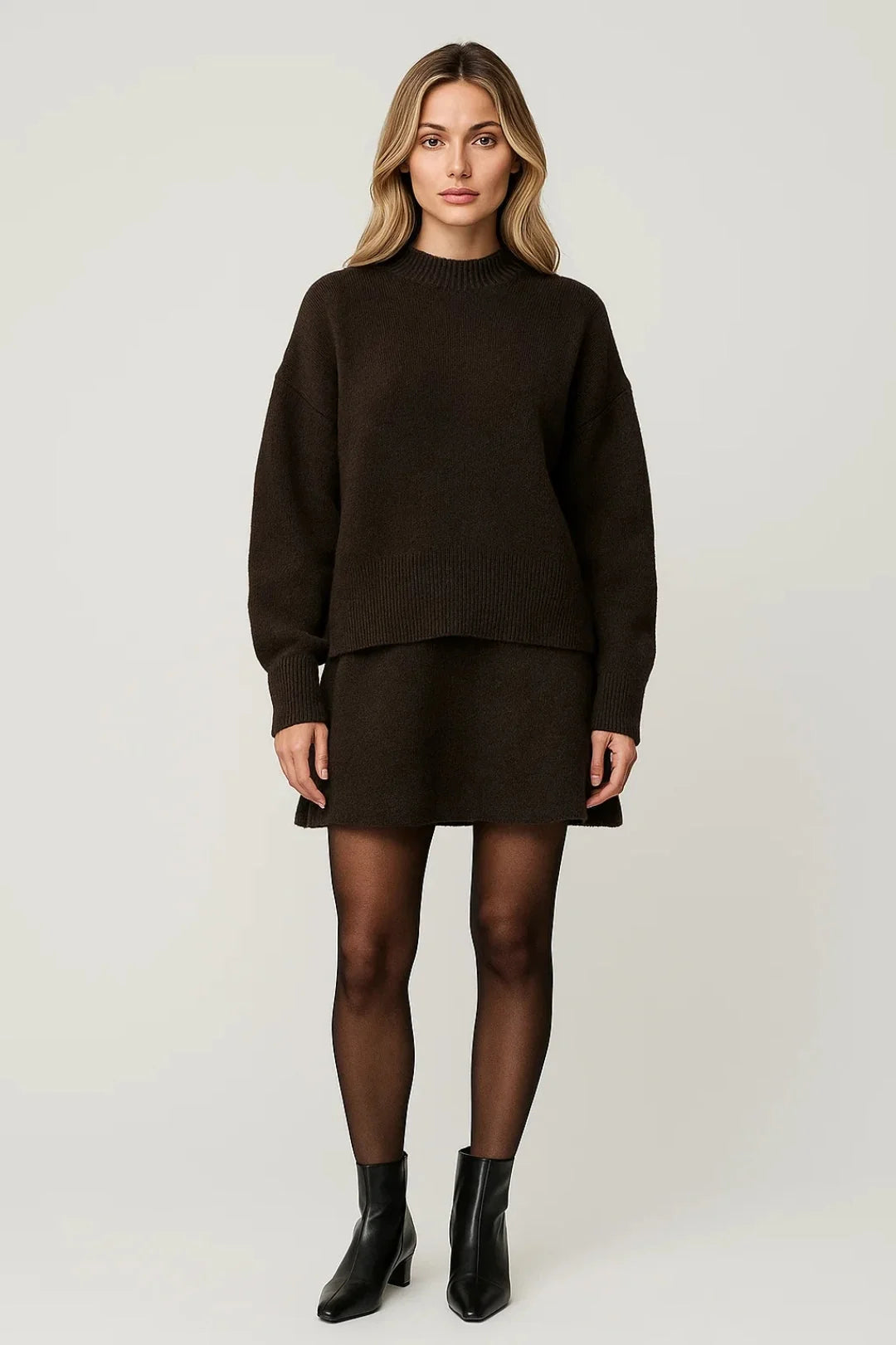 Dark Brown Women's Knitted Two-Piece Set with Sweater and Skirt in Mini Length - Front Full