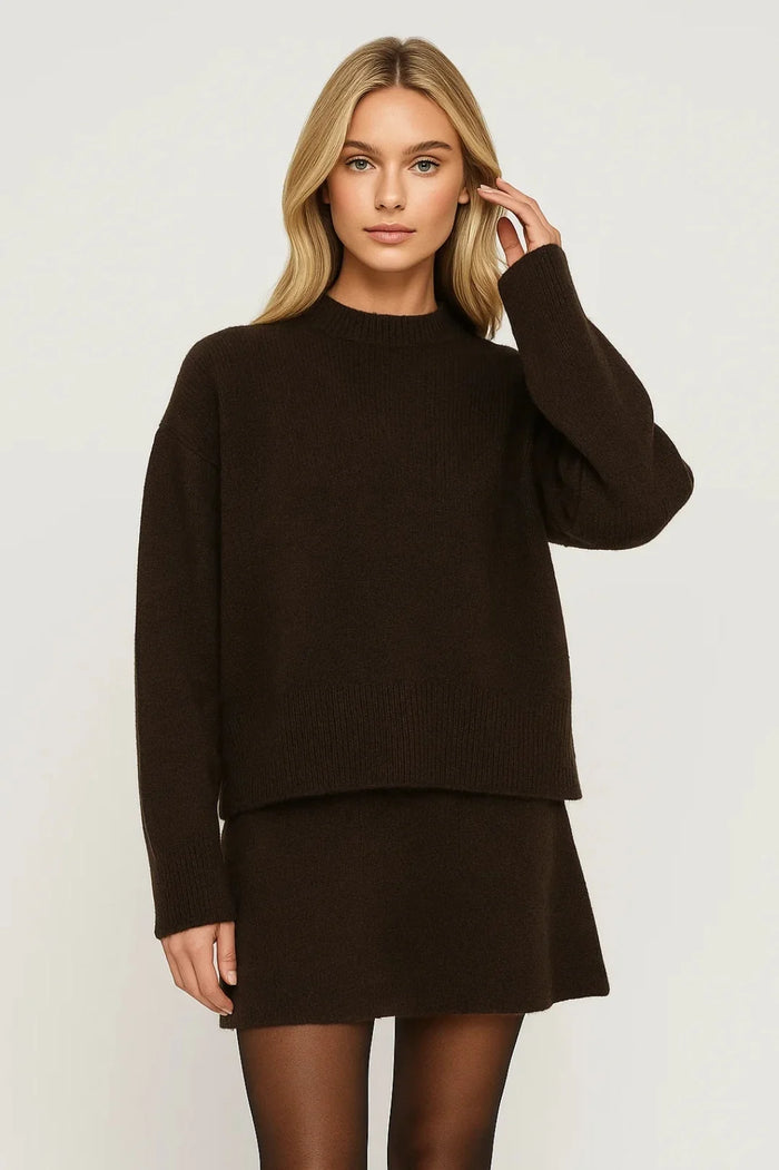 Dark Brown Women's Knitted Two-Piece Set with Sweater and Skirt in Mini Length