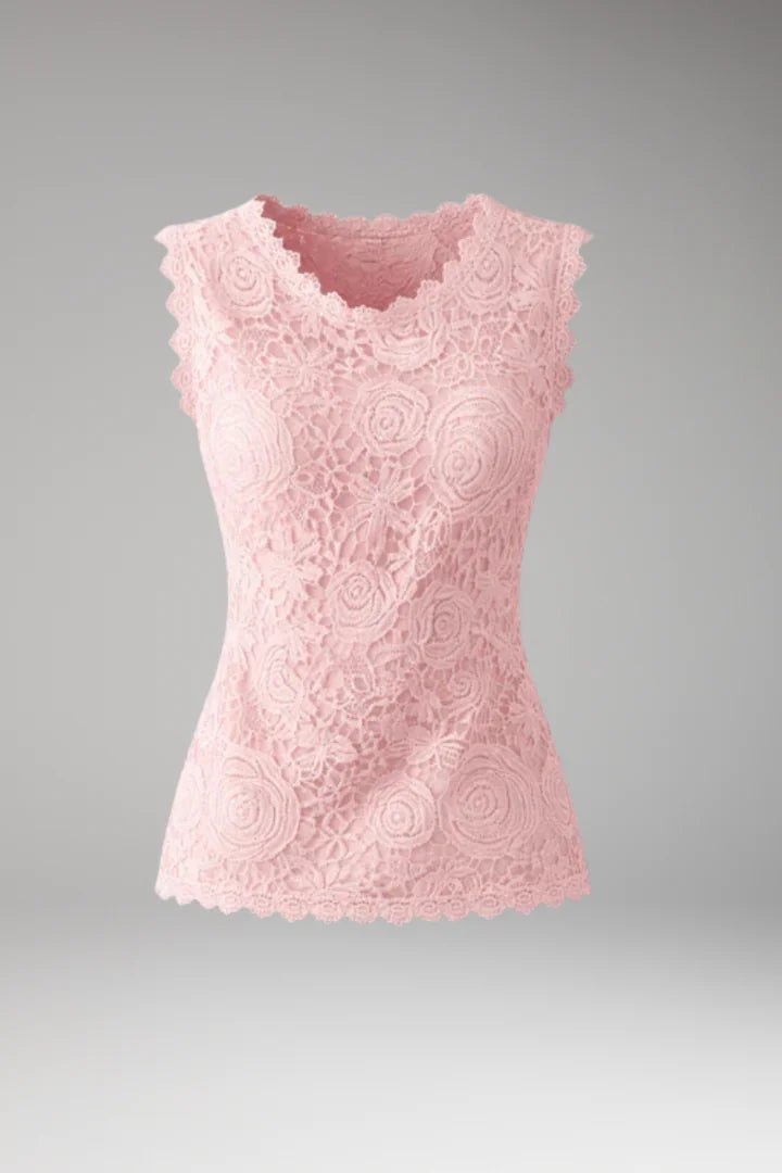 Pink Women's Lace Blouse with Scalloped Neckline & Relaxed Fit — Verity - Flat Lay Front