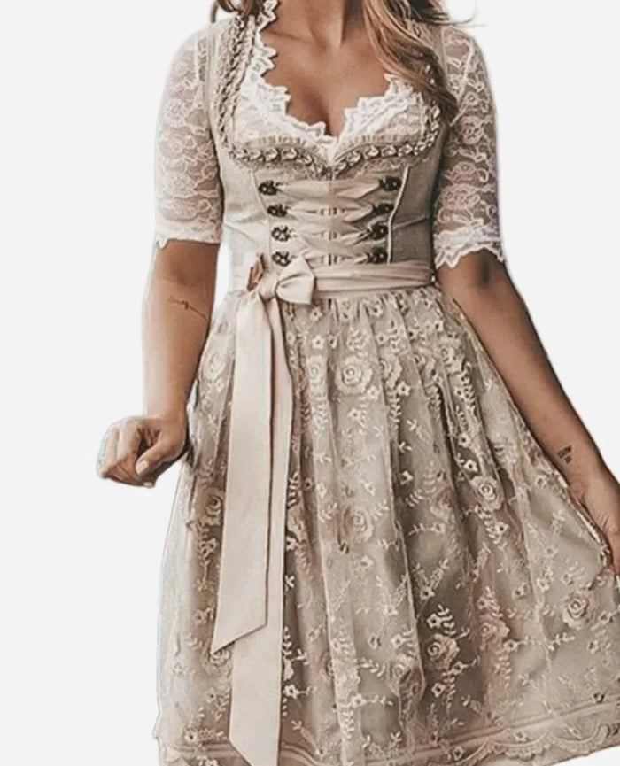 Beige Women's Midi Dirndl Dress with Lace Bodice & Adjustable Corset — Melody - Front Bodice Detail