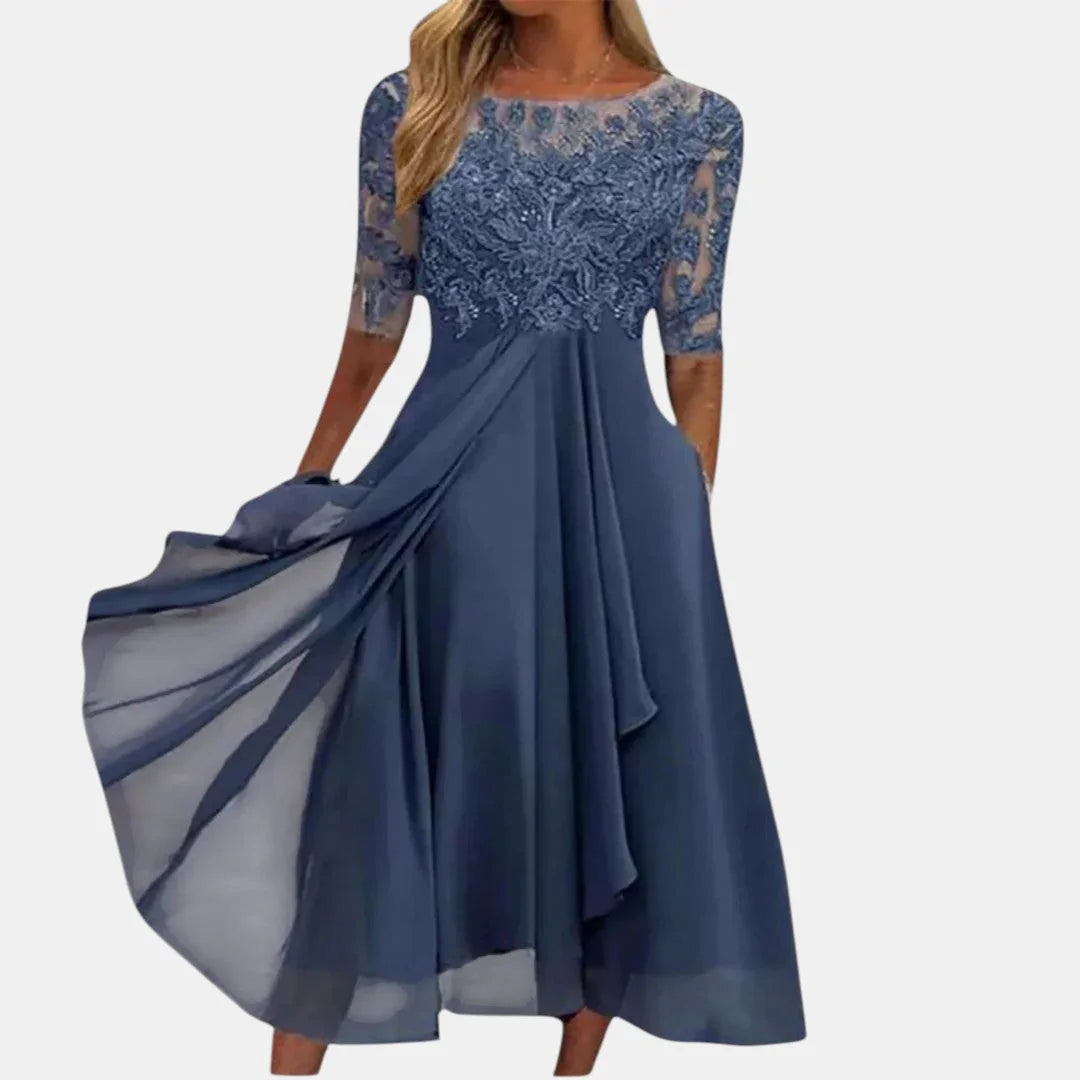 Blue Women's Lace Dress with Illusion Sleeves & Flowing Chiffon Skirt — Liv
