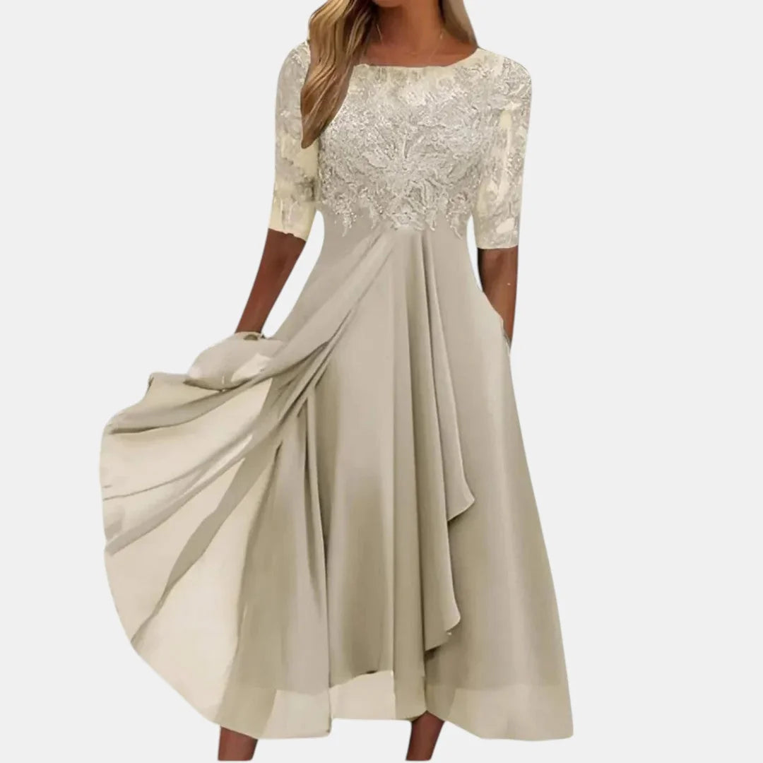 Cream Women's Lace Dress with Illusion Sleeves & Flowing Chiffon Skirt