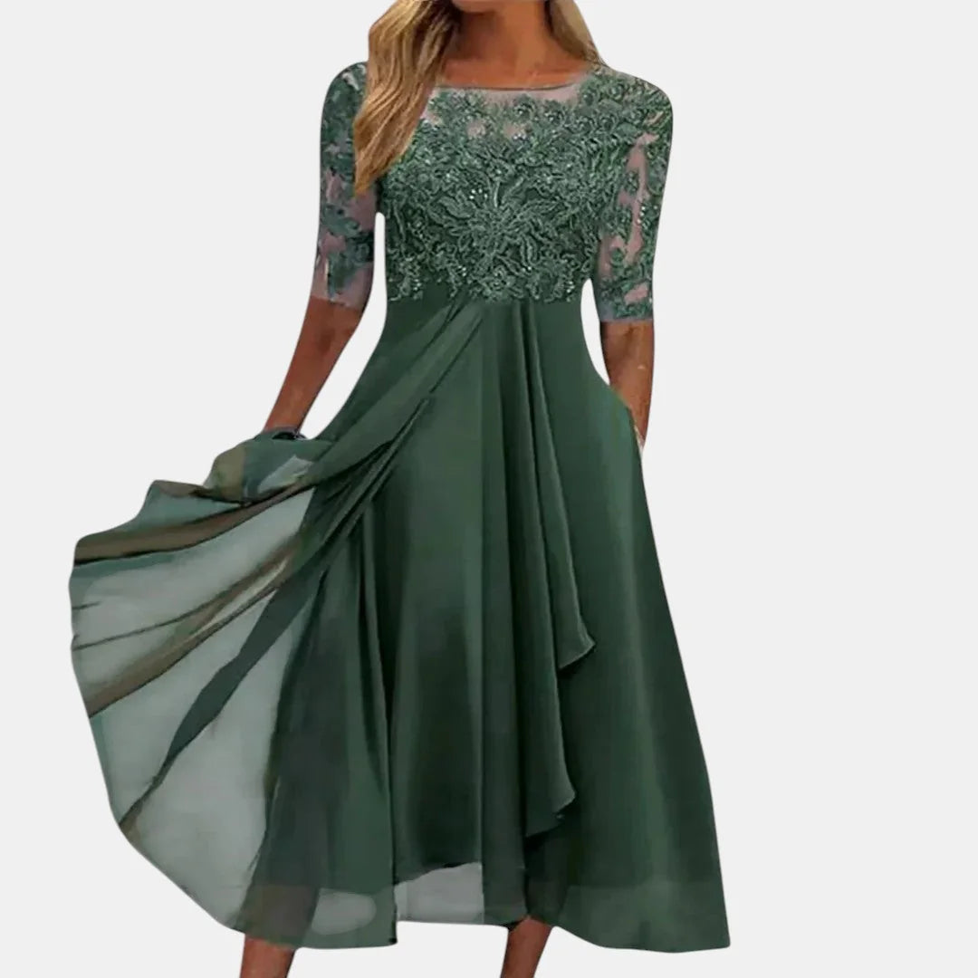 Green Women's Lace Dress with Illusion Sleeves & Flowing Chiffon Skirt — Liv