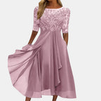 Pink Women's Lace Dress with Illusion Sleeves & Flowing Chiffon Skirt