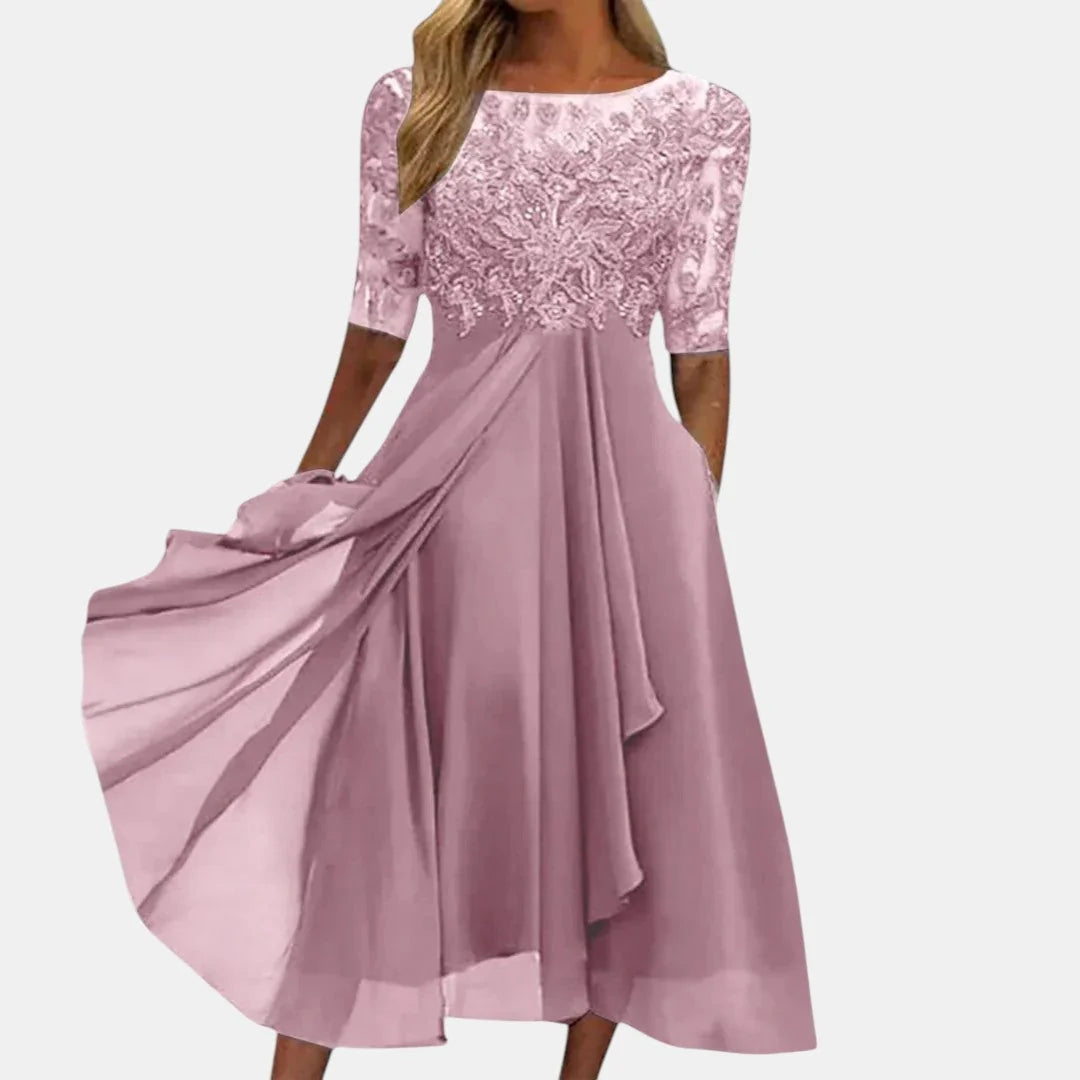 Pink Women's Lace Dress with Illusion Sleeves & Flowing Chiffon Skirt