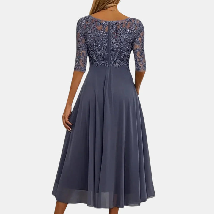 Purple Women's Lace Dress with Illusion Sleeves & Flowing Chiffon Skirt — Liv - Back Detail