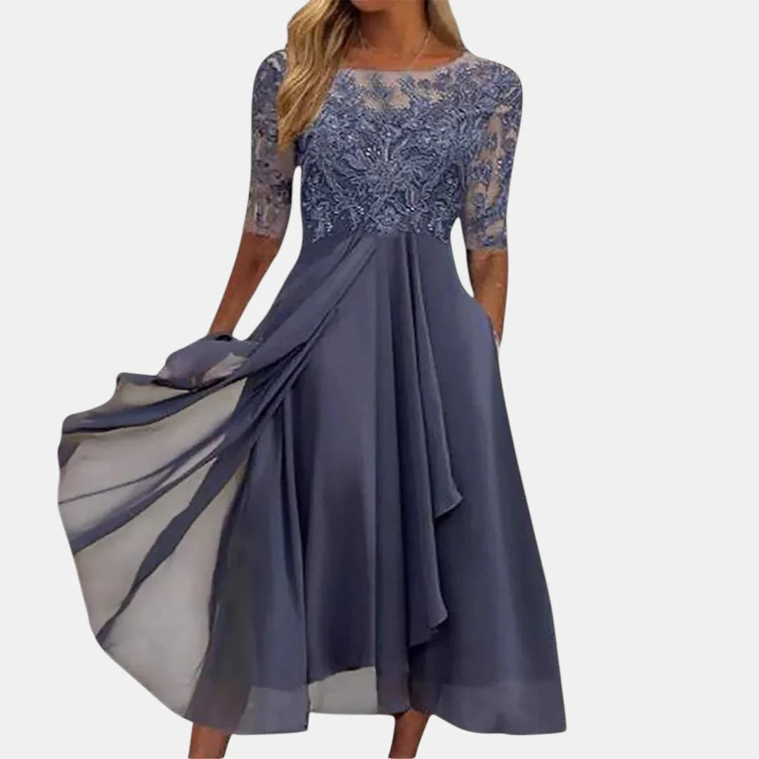 Purple Women's Lace Dress with Illusion Sleeves & Flowing Chiffon Skirt