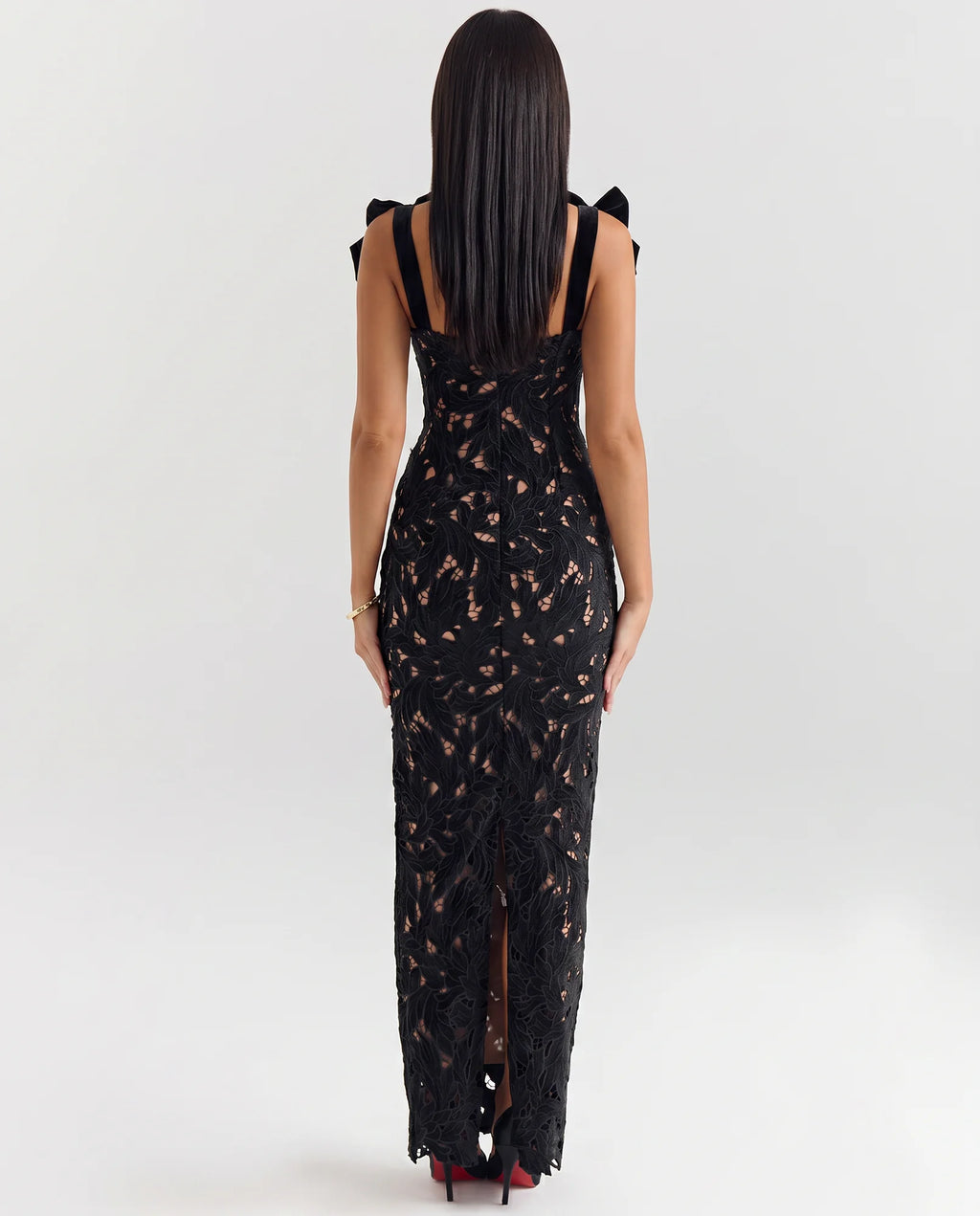 Women's Lace Maxi Dress with Bow Shoulder Straps & Back Split - Back Studio