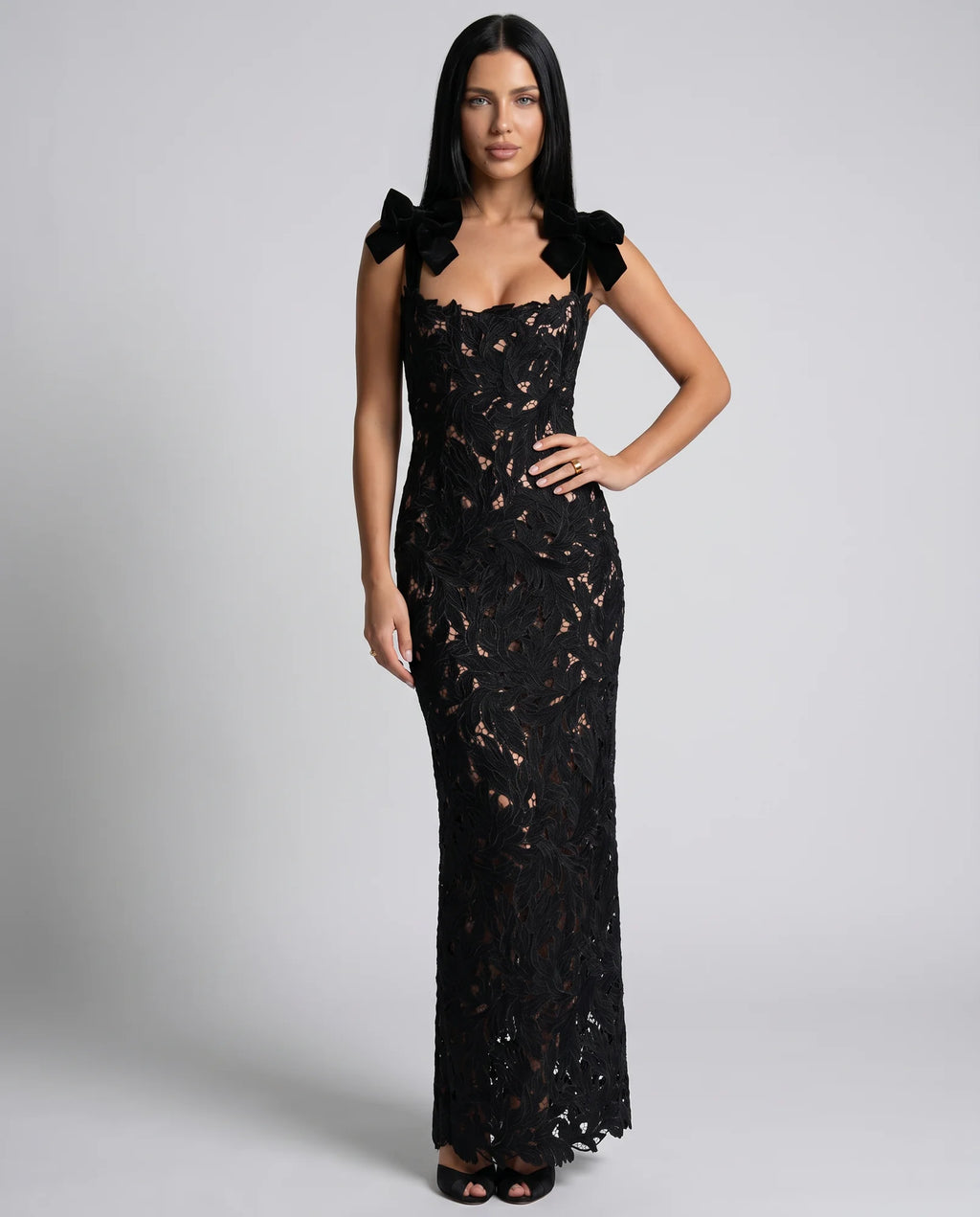 Women's Lace Maxi Dress with Bow Shoulder Straps & Back Split - Front Closeup Pose