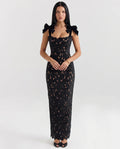 Black Women's Lace Maxi Dress with Bow Shoulder Straps & Back Split