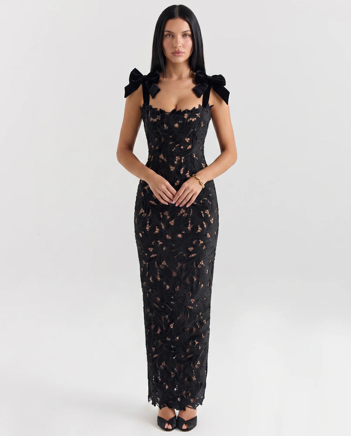 Black Women's Lace Maxi Dress with Bow Shoulder Straps & Back Split