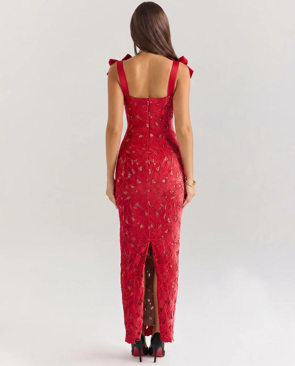 Women's Lace Maxi Dress with Bow Shoulder Straps & Back Split - Back Detail
