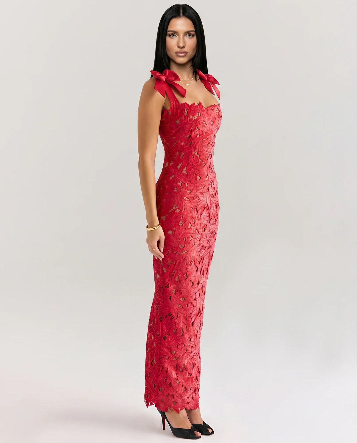 Women's Lace Maxi Dress with Bow Shoulder Straps & Back Split - Front Pose Smiling