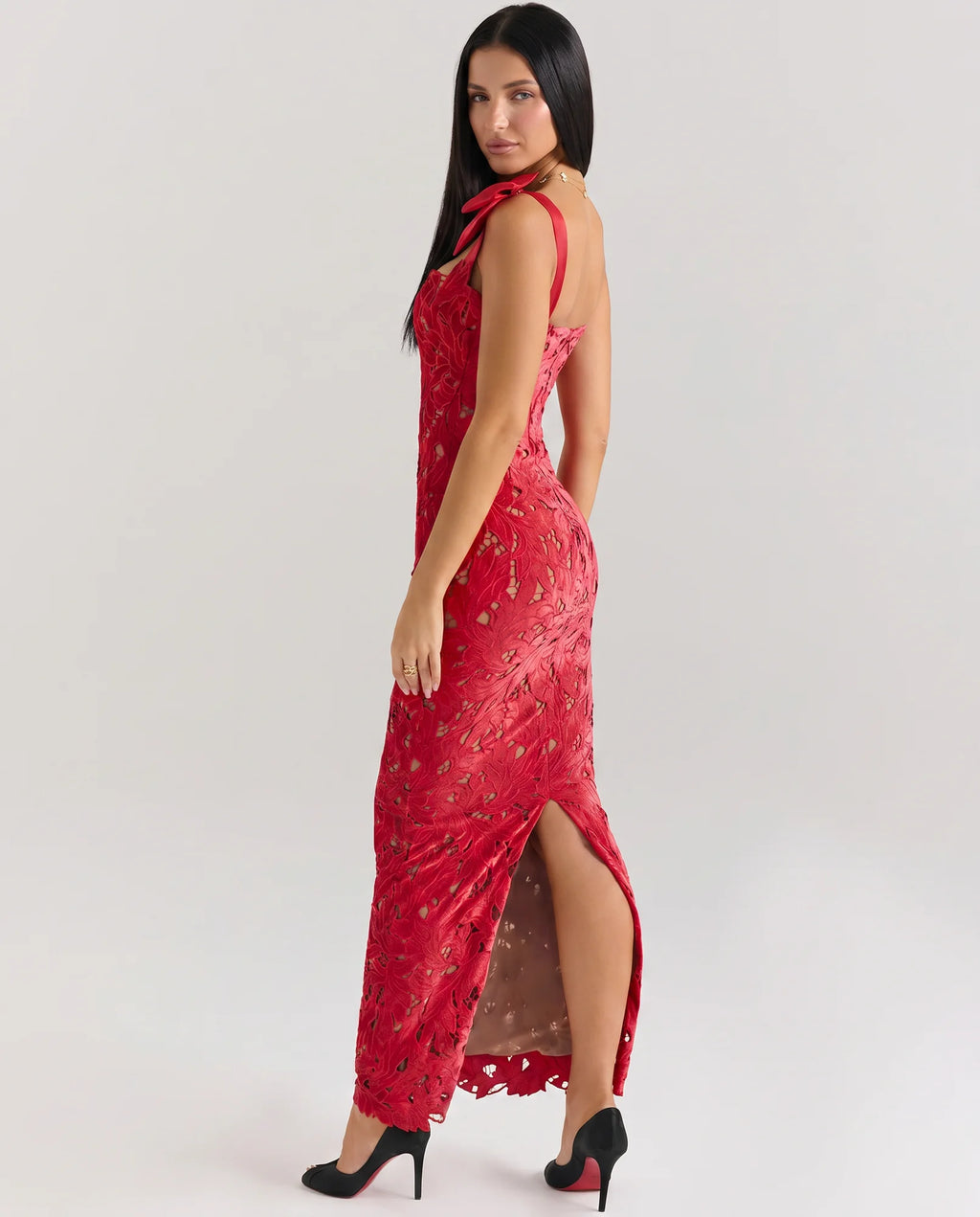 Women's Lace Maxi Dress with Bow Shoulder Straps & Back Split - Side Walking