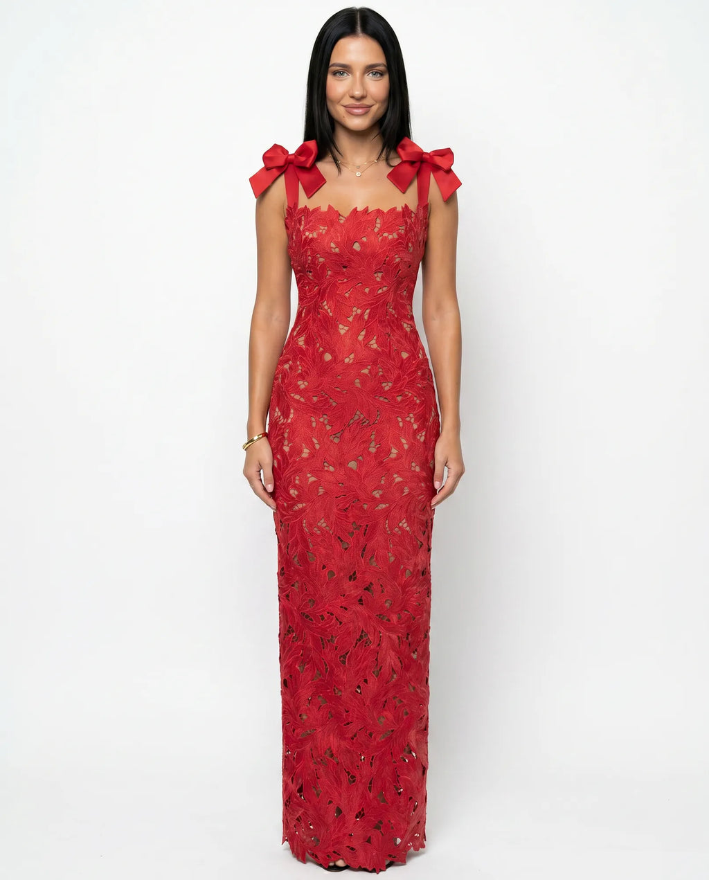Red Women's Lace Maxi Dress with Bow Shoulder Straps & Back Split