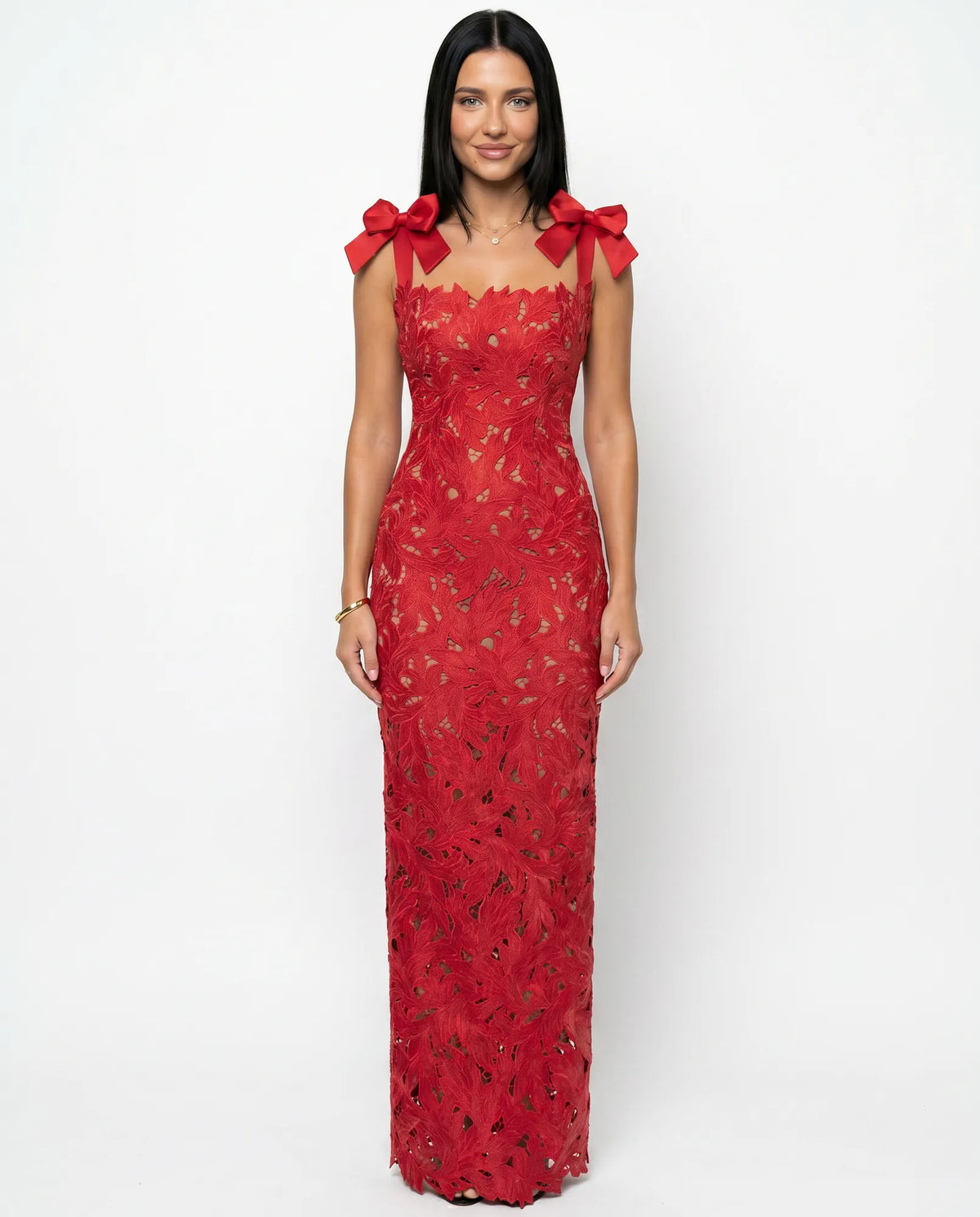 Red Women's Lace Maxi Dress with Bow Shoulder Straps & Back Split